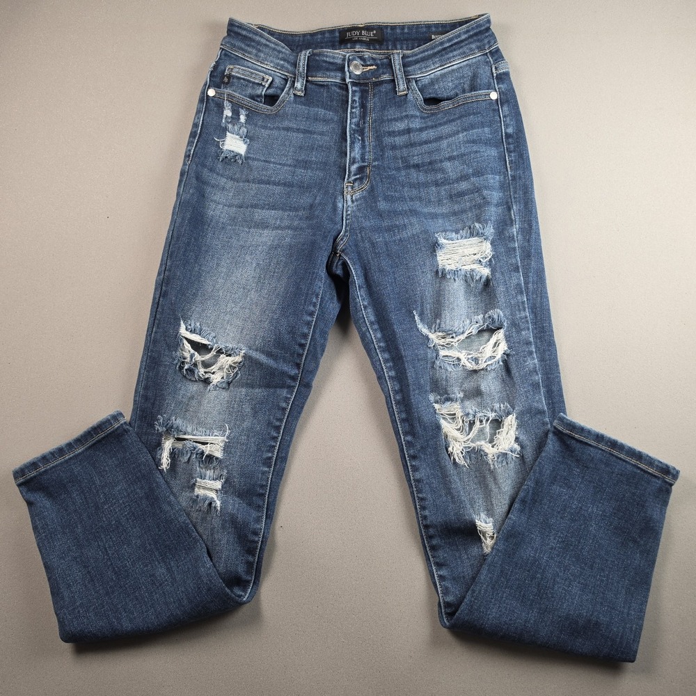 Judy Blue Womens 3/26 Boyfriend Fit Distressed Destroyed Stretch Denim Jeans